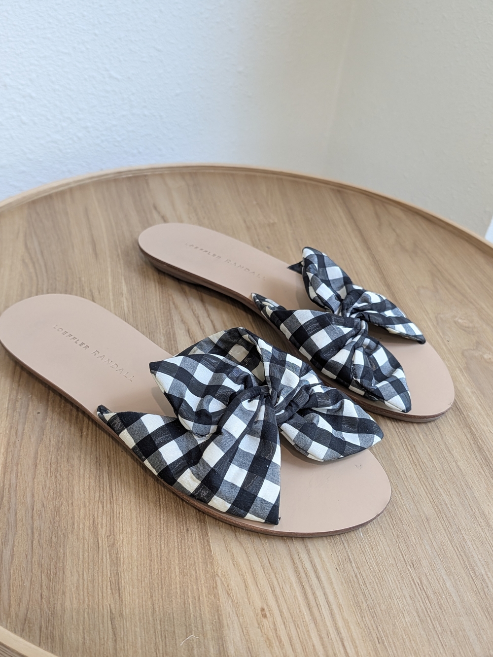 Loeffler Randall Black & White Gingham Bow Slide Sandals